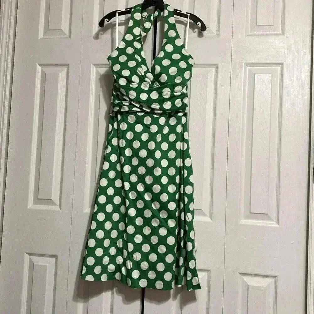 Allison Daley Green and White Polka Dot Halter Dress